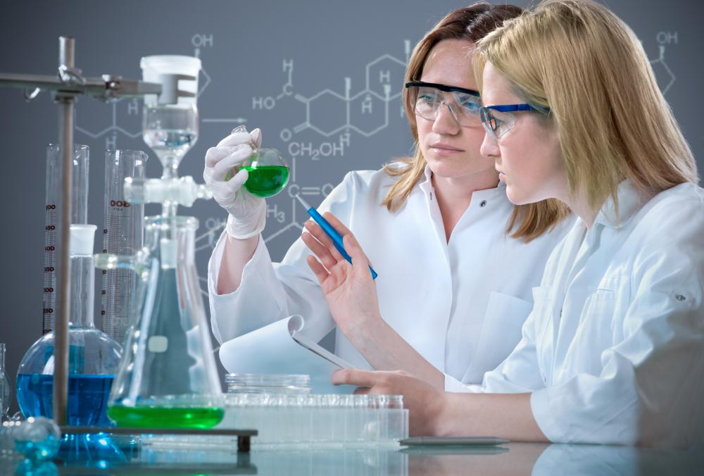 Research chemists develop new compounds for industrial applications.