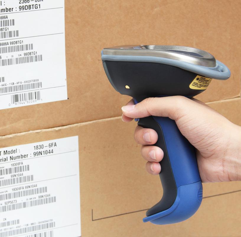 Keeping track of inventory with a laser barcode scanner.